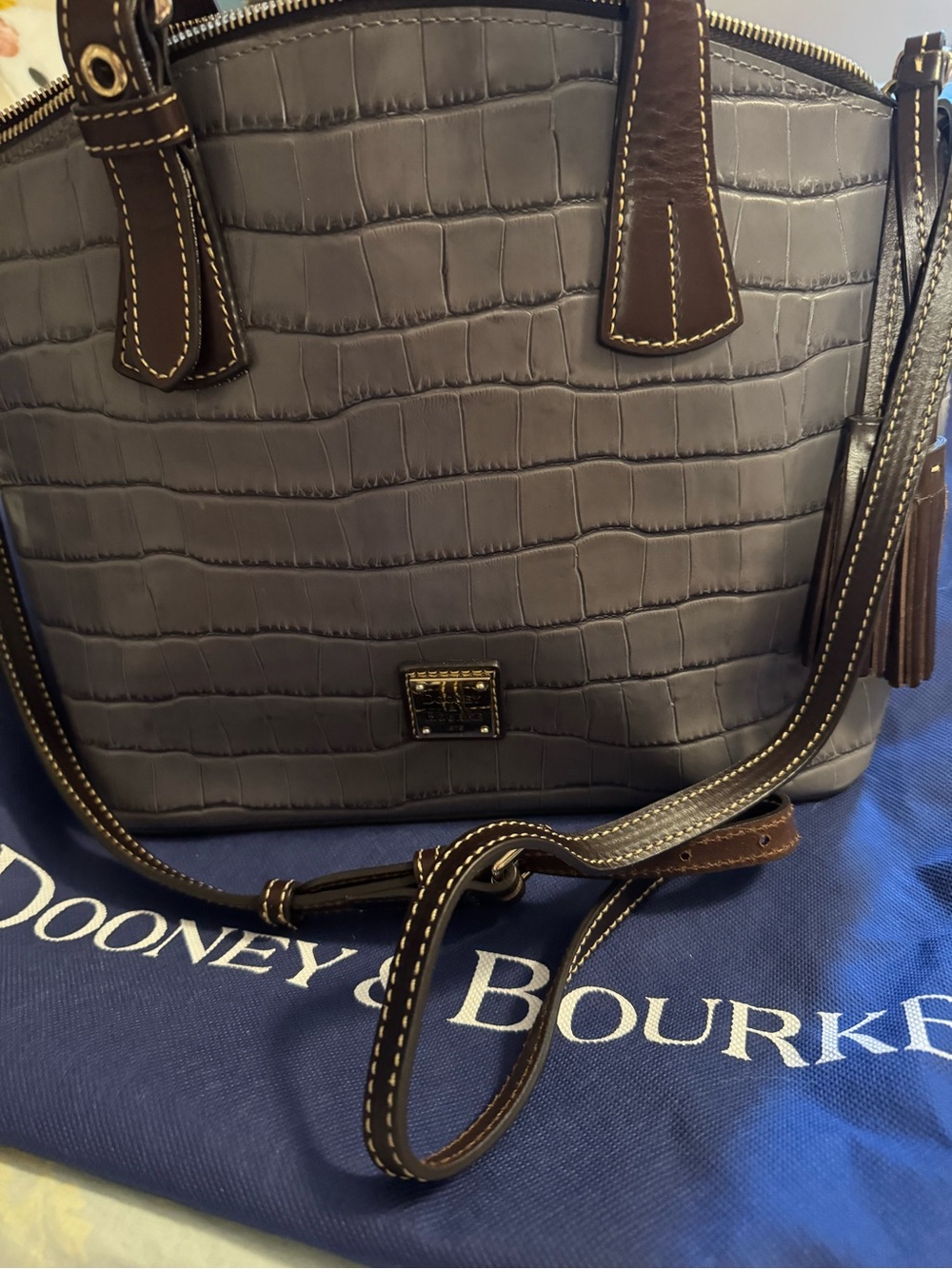 Dooney & Bourke Gray Croc-Embossed Tote with Brown Trim